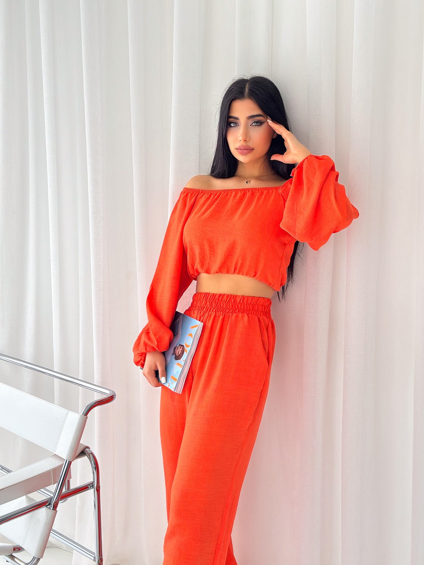 Off-the-shoulder linen two-piece summer set DALIA | Ladies | orange