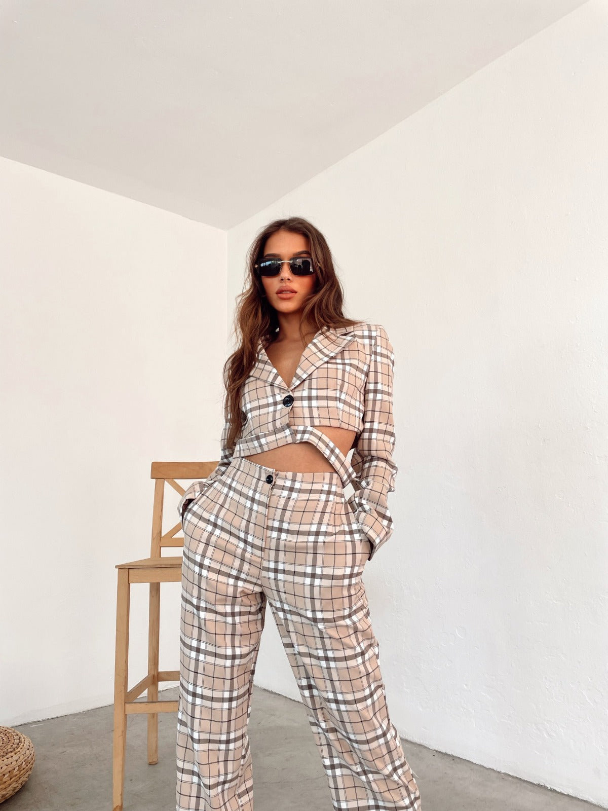 Checked two-piece set with waist detail and fly HELIN | Ladies | beige-brown checked