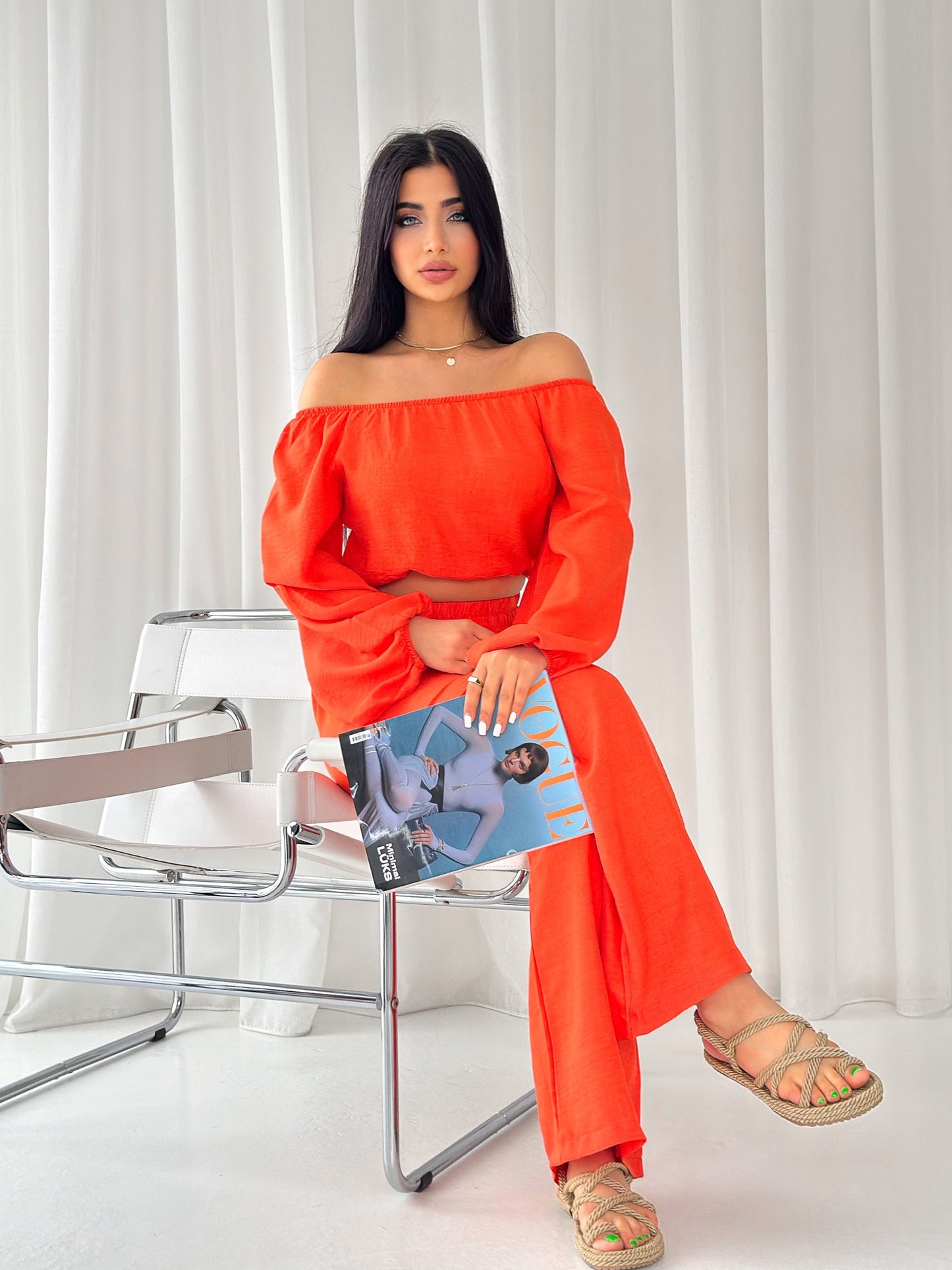 Off-the-shoulder linen two-piece summer set DALIA | Ladies | orange