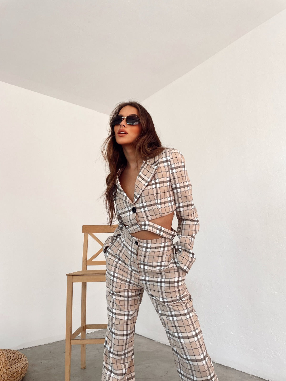 Checked two-piece set with waist detail and fly HELIN | Ladies | beige-brown checked