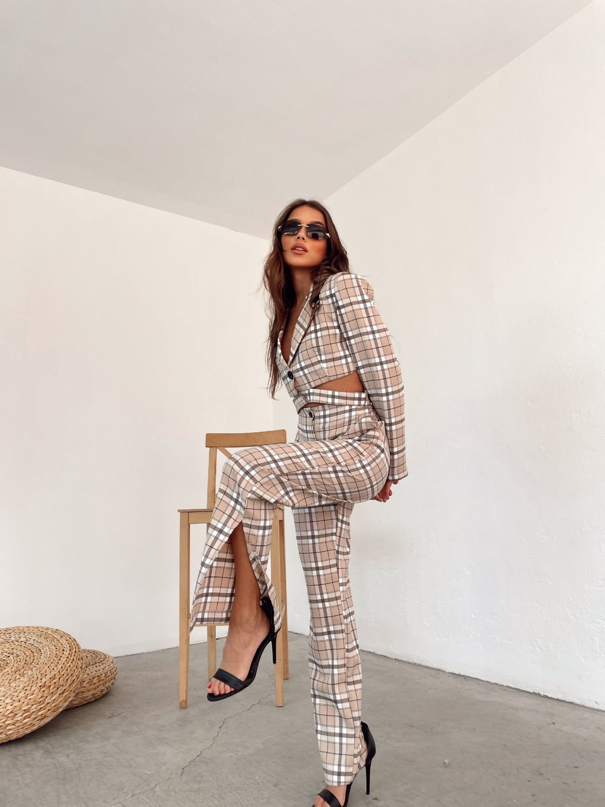 Checked two-piece set with waist detail and fly HELIN | Ladies | beige-brown checked