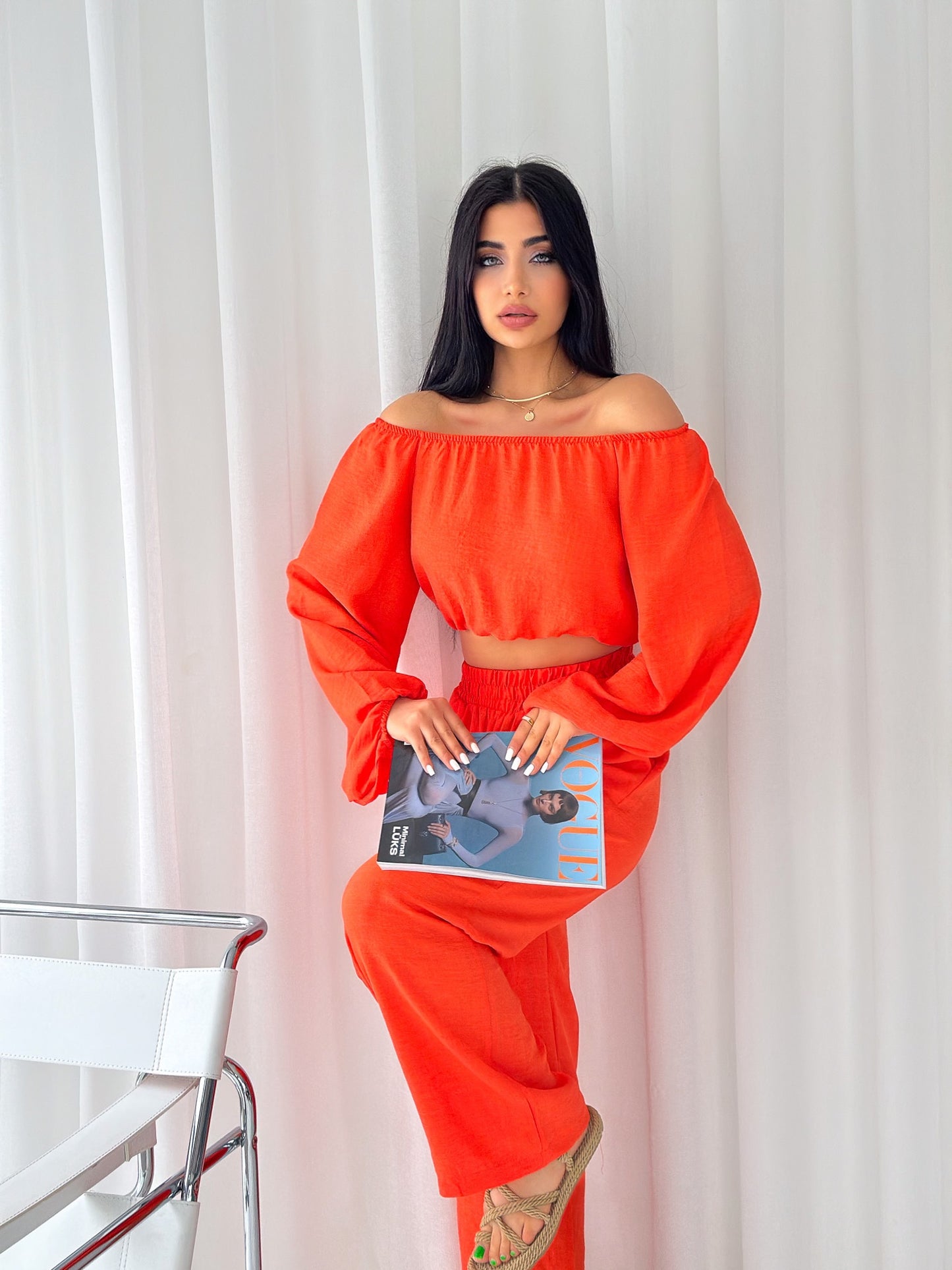 Off-the-shoulder linen two-piece summer set DALIA | Ladies | orange