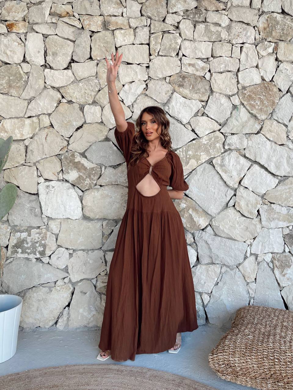 Maxi summer dress with cut-out belly and back slit AMALIA | Ladies | brown