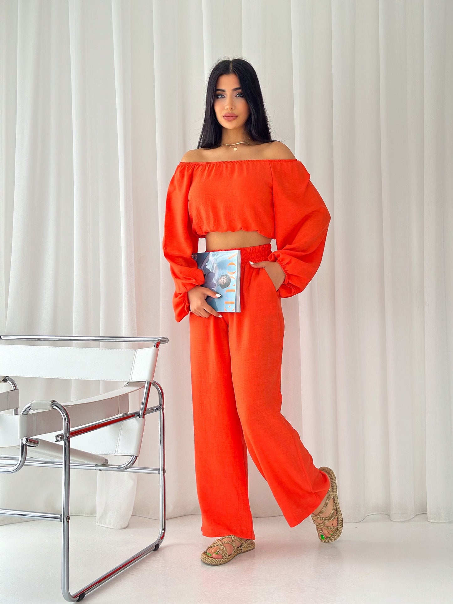 Off-the-shoulder linen two-piece summer set DALIA | Ladies | orange