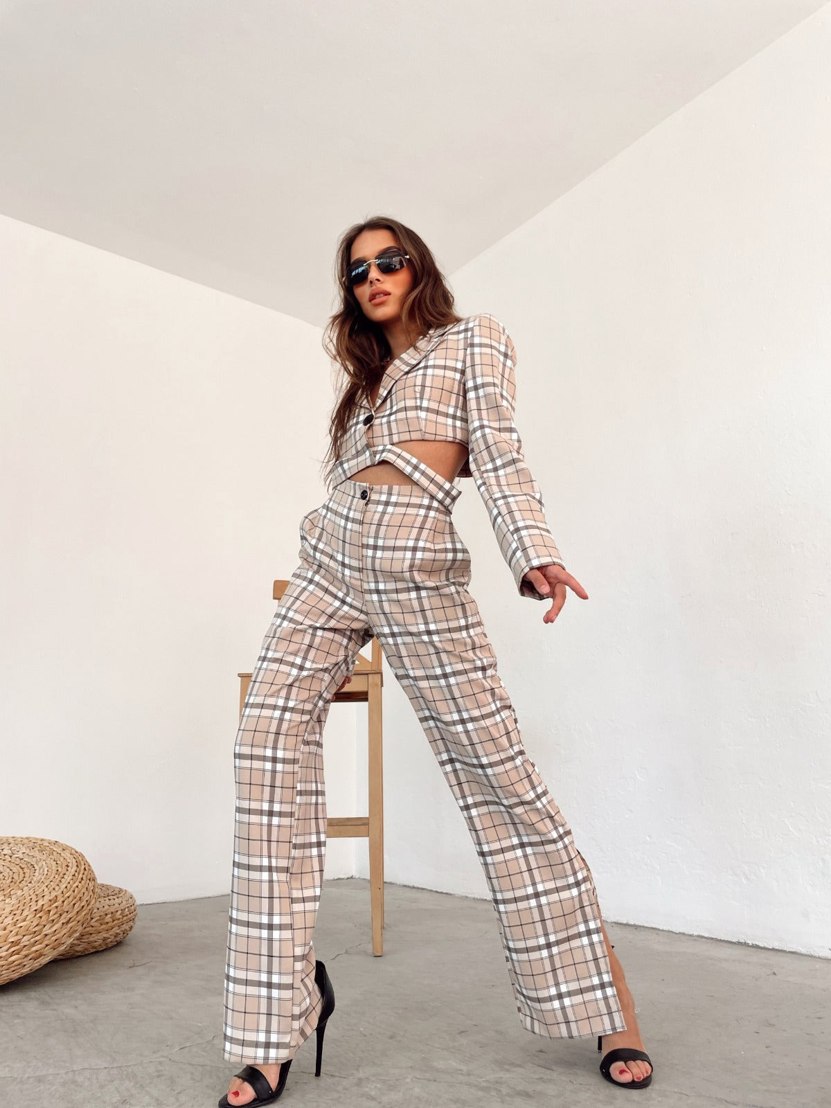 Checked two-piece set with waist detail and fly HELIN | Ladies | beige-brown checked