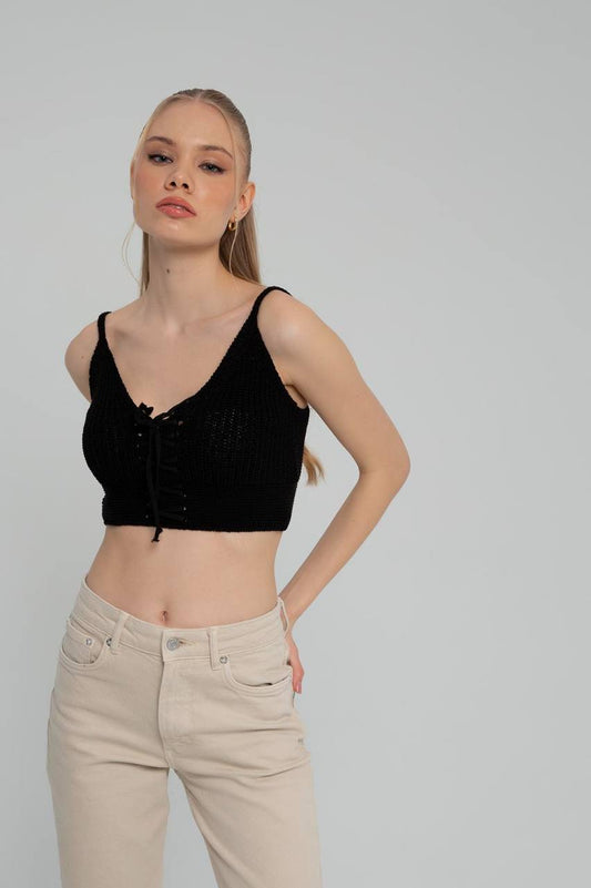 Strick Crop Top mit Bindeschnur GEMINI | Damen | schwarz