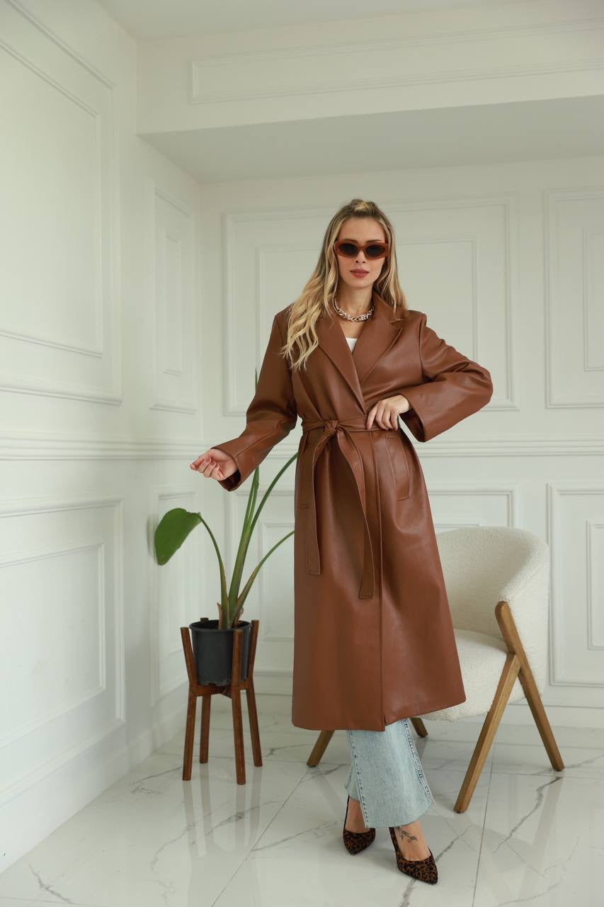 Leder Trenchcoat mit Bindegurt TAURUS | Damen | braun