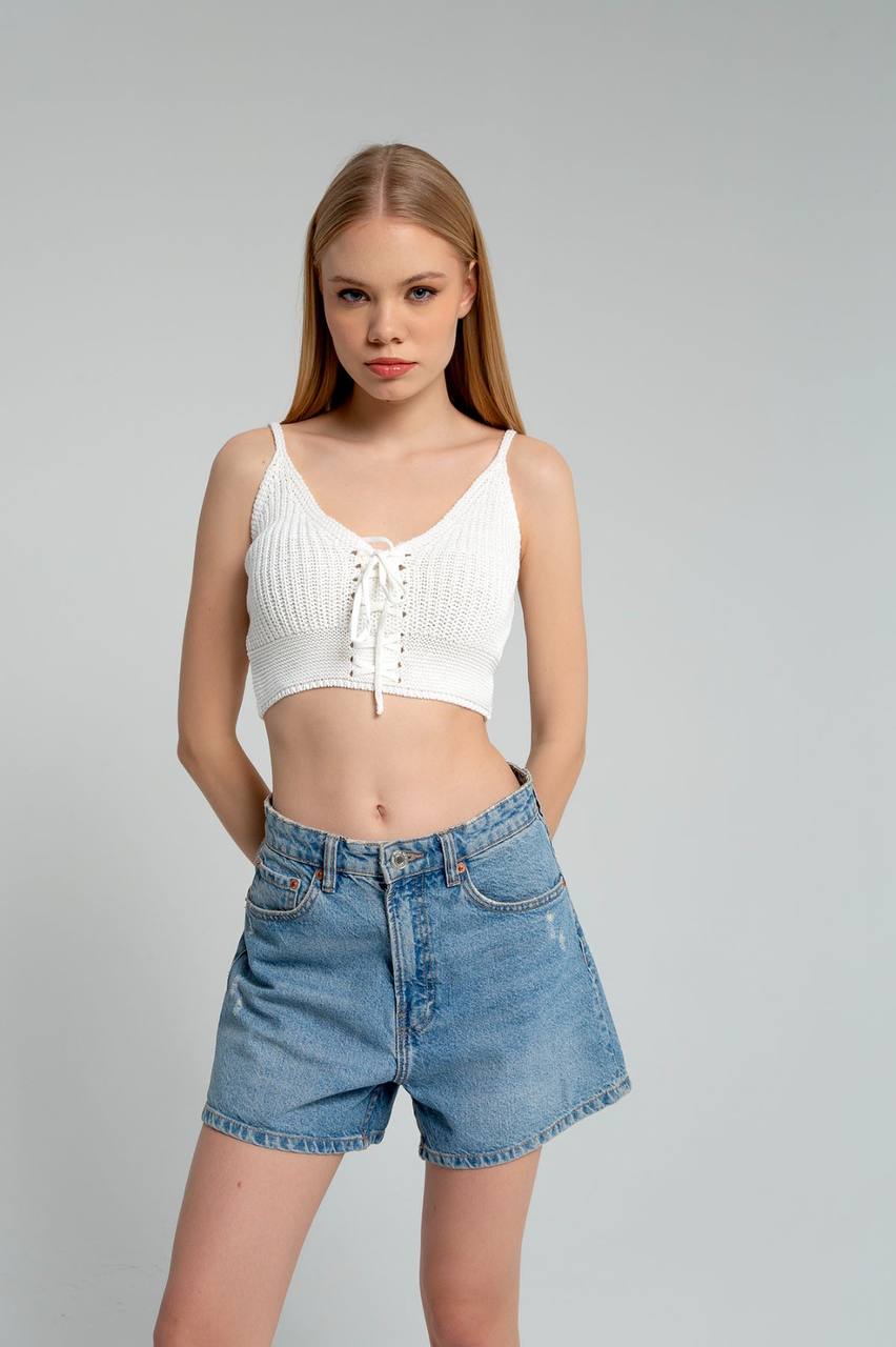 Strick Crop Top mit Bindeschnur GEMINI | Damen | weiß