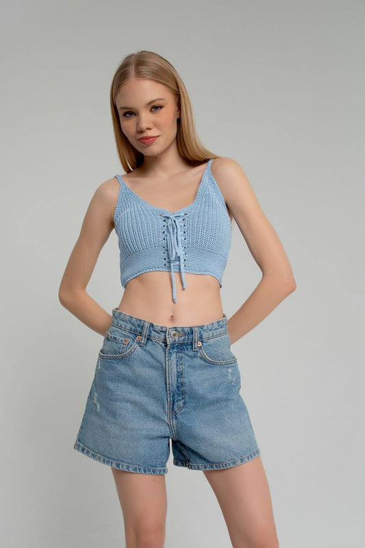 Strick Crop Top mit Bindeschnur GEMINI | Damen | babyblau