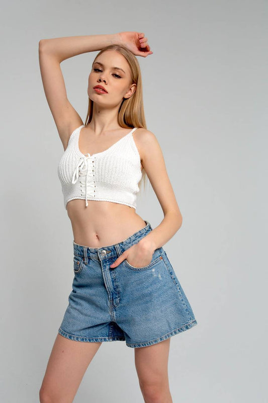 Strick Crop Top mit Bindeschnur GEMINI | Damen | weiß